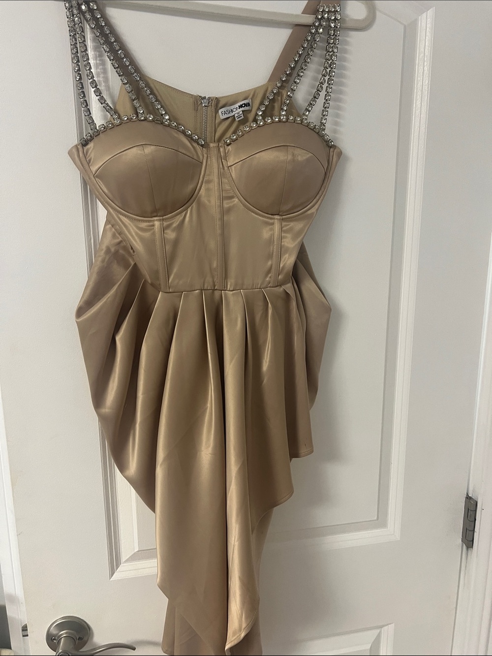 Fashion Nova Gold Satin Asymmetric Bustier Dress with Crystal-Strap Detail